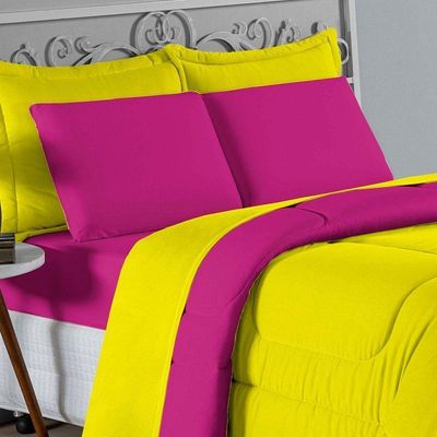 Kit Edredom Dupla Face + Jogo De Lençol Casal Viúva Nobre 6 Peças Malha 100% Algodão - Amarelo / Pink