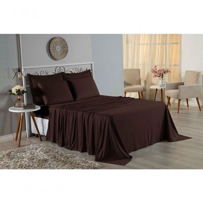 Jogo De Cama Casal Nobre 4 Peças Lençol Com Elástico De 30cm De Altura Malha 100% Algodão - Marrom