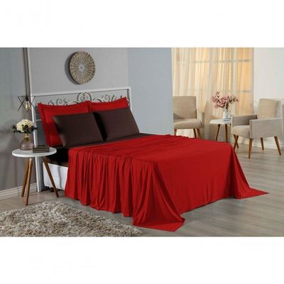 Jogo De Cama Solteiro Nobre 3 Peças Lençol Com Elástico De 30cm De Altura Malha 100% Algodão - Vermelho / Marrom