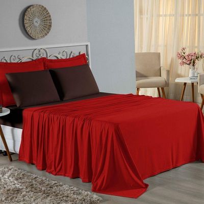 Jogo De Cama Solteiro Nobre 3 Peças Lençol Com Elástico De 30cm De Altura Malha 100% Algodão - Vermelho / Marrom
