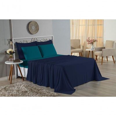 Jogo De Cama Solteiro Nobre 3 Peças Lençol Com Elástico De 30cm De Altura Malha 100% Algodão - Azul-marinho / Petróleo