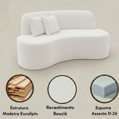 Sofá Ondulado Orgânico Pequeno 2 Lugares Sala Bouclé Off White