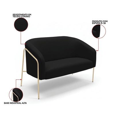 Sofá 2 Lugares Namoradeira Stella Industrial Alta Champanhe Sintético Pu Preto D03 - D'rossi