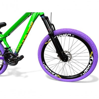 Bicicleta aro26 Vikingx Tuff X44 Câmbios Shimano 21v Freio Hidráulico Freeride Pneu Flame VerdeRoxo