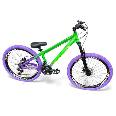 Bicicleta aro26 Vikingx Tuff X44 Câmbios Shimano 21v Freio Hidráulico Freeride Pneu Flame VerdeRoxo