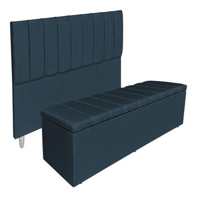 Kit Cabeceira E Calçadeira Recamier Baú Solteiro 0,90m Holanda Suede Azul Marinho - Pallazio