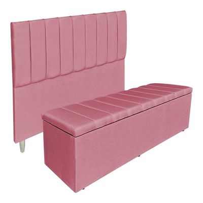 Kit Cabeceira E Calçadeira Recamier Baú Solteiro 0,90m Holanda Suede Rosa - Pallazio