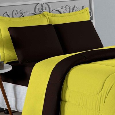Kit Edredom Dupla Face + Jogo De Lençol Casal Viúva Nobre 6 Peças Malha 100% Algodão - Amarelo / Preto