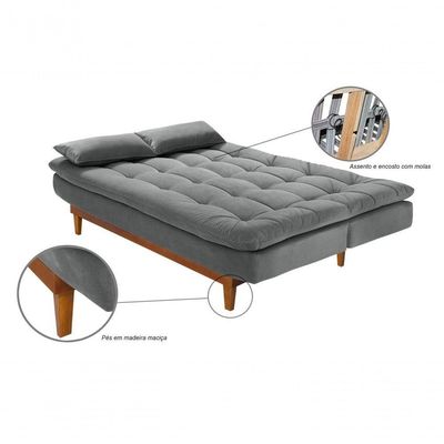 Sofá Cama Dubai 3 Lugares Império Reclinável Casal Pés Madeira Espuma Especial D33 Madero Cinza 380