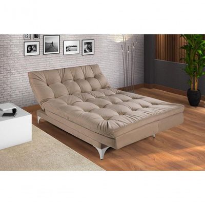 Sofá Cama Versátil 3 Lugares Império Reclinável Casal Pés De Alumínio Suede Areia 376