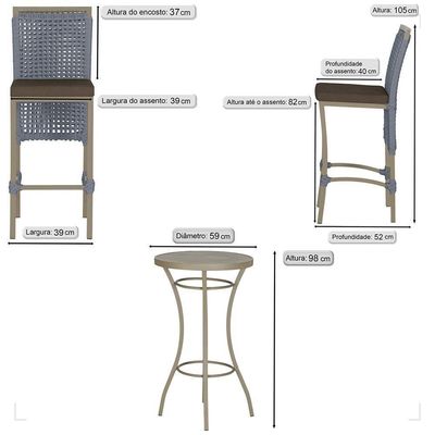 Mesa Bistrô E 4 Banquetas Roma Fendi Corda Estofado 9 Trama Prata