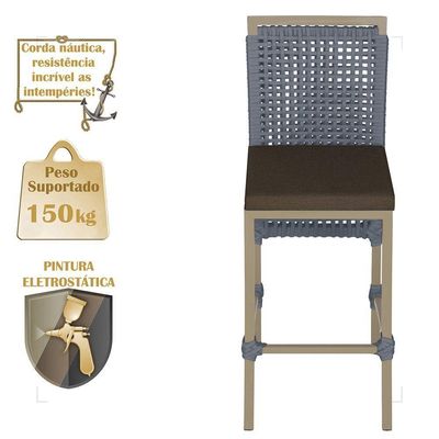 Mesa Bistrô E 4 Banquetas Roma Fendi Corda Estofado 9 Trama Prata
