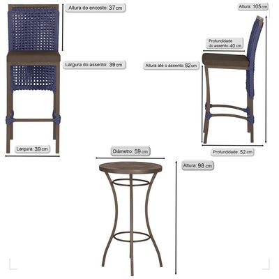 Mesa Bistrô E 2 Banquetas Roma Marrom Corda Estofado 9 Trama Azul