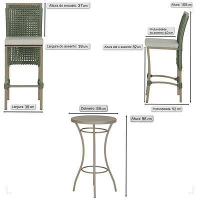 Mesa Bistrô Com 4 Banquetas Roma Fendi Corda Náutica 3 Trama Verde