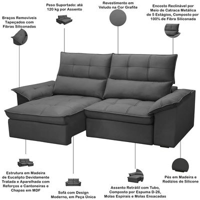 Sofá 3 Lugares Retrátil Reclinável Para Sala 230cm Giotto F04 Veludo Grafite - Lyam Decor