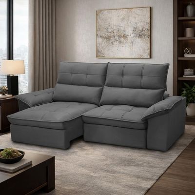 Sofá 3 Lugares Retrátil Reclinável Para Sala 230cm Giotto F04 Veludo Grafite - Lyam Decor