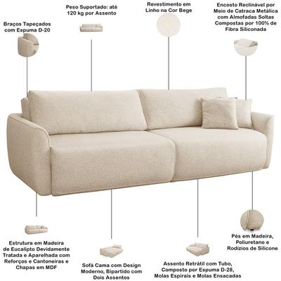 Sofá Cama Retrátil 3 Lugares Para Sala De Estar 210cm Malva F04 Linho Bege - Lyam Decor