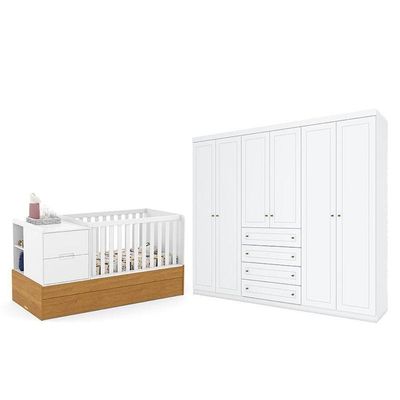 Berço Americano Multifuncional Formare Branco Freijó - Matic E Guarda Roupa Casal Americano 6 Portas Branco Hp - Henn