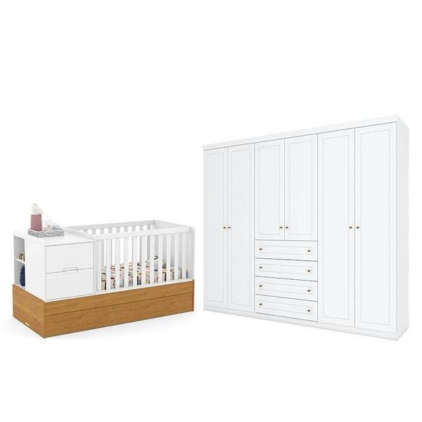 Berço Americano Multifuncional Formare Branco Freijó - Matic E Guarda Roupa Casal Americano 6 Portas Branco Hp - Henn