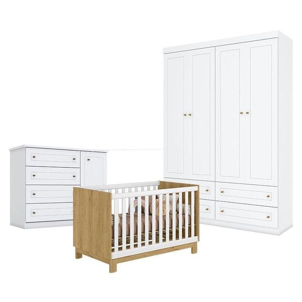 Quarto De Bebê Americano 4 Portas Com Berço Americano Mini Cama Q Encanto Slim Freijó Branco Acetinado - Qmovi - Henn