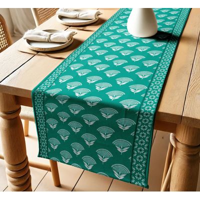 Caminho de Mesa de Algodão Estampado em Bloco - Twill Premium 36 cm - Cozinha, Jantar, Café, Aparador - Vários Comprimentos - Vargottam 35,56 Cm (L) × 274,32 Cm (C) / Verde