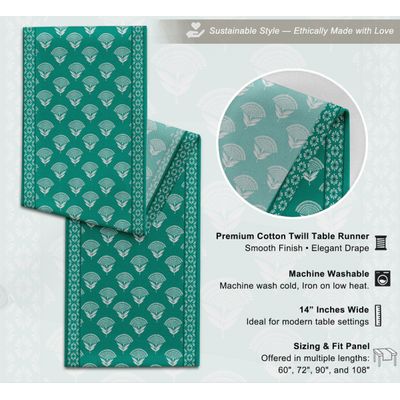 Caminho de Mesa de Algodão Estampado em Bloco - Twill Premium 36 cm - Cozinha, Jantar, Café, Aparador - Vários Comprimentos - Vargottam 35,56 Cm (L) × 274,32 Cm (C) / Verde