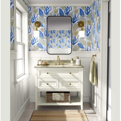 Mural Vinílico Autoadesivo Removível, Algas e Conchas Subaquáticas, Azul para Banheiro, Lavanderia, Armário - S4Sassy 63,5 cm (L) × 304,8 cm (C) / Azul - Vinil Liso