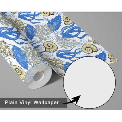 Mural Vinílico Autoadesivo Removível, Algas e Conchas Subaquáticas, Azul para Banheiro, Lavanderia, Armário - S4Sassy 63,5 cm (L) × 304,8 cm (C) / Azul - Vinil Liso