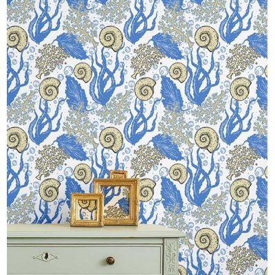 Mural Vinílico Autoadesivo Removível, Algas e Conchas Subaquáticas, Azul para Banheiro, Lavanderia, Armário - S4Sassy 63,5 cm (L) × 304,8 cm (C) / Azul - Vinil Liso
