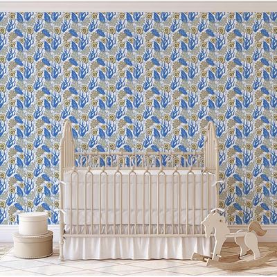 Mural Vinílico Autoadesivo Removível, Algas e Conchas Subaquáticas, Azul para Banheiro, Lavanderia, Armário - S4Sassy 63,5 cm (L) × 304,8 cm (C) / Azul - Vinil Liso