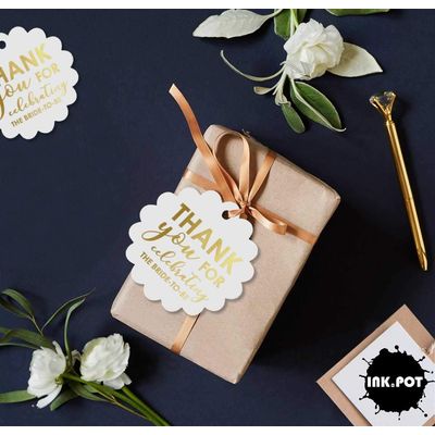 Etiquetas de Papel com Foil 'Thank You' para Lembrancinha de Chá de Panela Celebrando a Futura Noiva para Pendurar - Inkdotpot 50 Etiquetas Metalizadas / Branco - Dourado