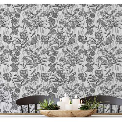Papel de Parede Floral Étnico Cinza Autoadesivo, Decoração DIY Fácil para Quarto Estilo Fazenda, Sala e Armários - S4Sassy 63,5 cm (L) × 609,6 cm (C) / Cinza - Vinil Liso