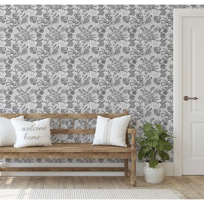 Papel de Parede Floral Étnico Cinza Autoadesivo, Decoração DIY Fácil para Quarto Estilo Fazenda, Sala e Armários - S4Sassy 63,5 cm (L) × 609,6 cm (C) / Cinza - Vinil Liso