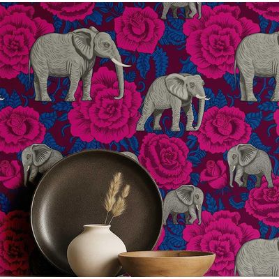 Papel de Parede Elefante com Rosa Estilo Asiático, Vinil Autoadesivo, Fácil Aplicação Faça-Você-Mesmo para Quarto e Sala - Rosa - S4Sassy 63,5 cm (L) × 304,8 cm (C) / Rosa - Vinil Liso