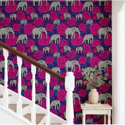 Papel de Parede Elefante com Rosa Estilo Asiático, Vinil Autoadesivo, Fácil Aplicação Faça-Você-Mesmo para Quarto e Sala - Rosa - S4Sassy 63,5 cm (L) × 304,8 cm (C) / Rosa - Vinil Liso