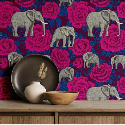 Papel de Parede Elefante com Rosa Estilo Asiático, Vinil Autoadesivo, Fácil Aplicação Faça-Você-Mesmo para Quarto e Sala - Rosa - S4Sassy 63,5 cm (L) × 304,8 cm (C) / Rosa - Vinil Liso