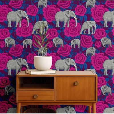 Papel de Parede Elefante com Rosa Estilo Asiático, Vinil Autoadesivo, Fácil Aplicação Faça-Você-Mesmo para Quarto e Sala - Rosa - S4Sassy 63,5 cm (L) × 304,8 cm (C) / Rosa - Vinil Liso
