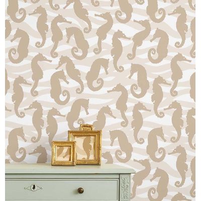 Papel de Parede Vinílico Autoadesivo Removível Monocromático com Cavalo-Marinho e Ondas Bege para Banheiro, Lavanderia, Armário - S4Sassy 63,5 cm (L) × 304,8 cm (C) / Bege - Vinil Liso