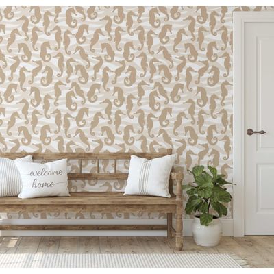 Papel de Parede Vinílico Autoadesivo Removível Monocromático com Cavalo-Marinho e Ondas Bege para Banheiro, Lavanderia, Armário - S4Sassy 63,5 cm (L) × 304,8 cm (C) / Bege - Vinil Liso