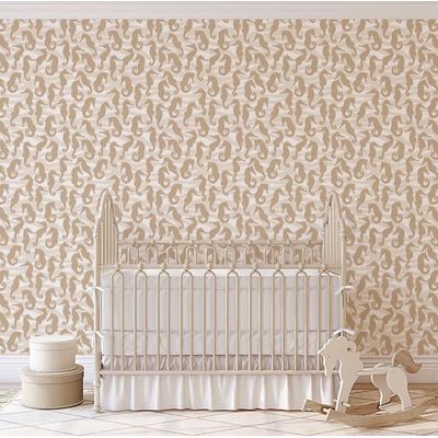 Papel de Parede Vinílico Autoadesivo Removível Monocromático com Cavalo-Marinho e Ondas Bege para Banheiro, Lavanderia, Armário - S4Sassy 63,5 cm (L) × 304,8 cm (C) / Bege - Vinil Liso