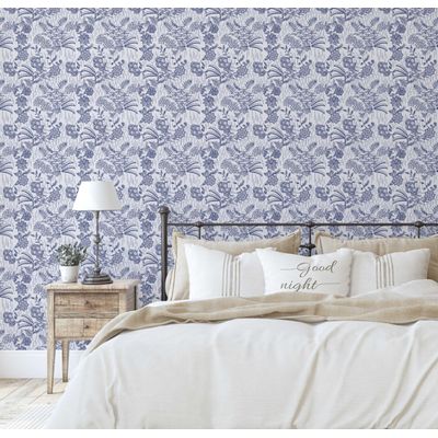 Papel de Parede Floral Étnico, Revestimento Azul Autoadesivo, Decoração DIY Fácil para Quarto Estilo Fazenda, Sala, Armários - S4Sassy 63,5 cm (L) × 304,8 cm (C) / Azul - Vinil Liso