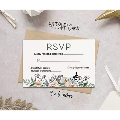 50 Cartões RSVP em Branco com Envelopes Brancos - Floral para Casamento/Jantar de Ensaio/Chá de Bebê/Chá de Panela/Noivado - Inkdotpot 10,16 Cm × 15,24 Cm / Branco