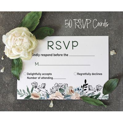 50 Cartões RSVP em Branco com Envelopes Brancos - Floral para Casamento/Jantar de Ensaio/Chá de Bebê/Chá de Panela/Noivado - Inkdotpot 10,16 Cm × 15,24 Cm / Branco