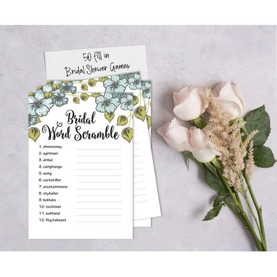 50 Cartões Florais Quadrados em Branco para Sugestões de Presentes, Chá de Noiva, Chá de Panela e Despedida de Solteira - Inkdotpot 12,7 Cm × 17,78 Cm / Branco - Jogo de Palavras da Noiva
