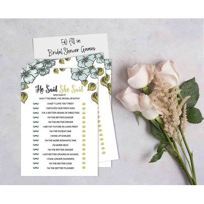 50 Cartões Florais Quadrados em Branco para Sugestões de Presentes, Chá de Noiva, Chá de Panela e Despedida de Solteira - Inkdotpot 12,7 Cm × 17,78 Cm / Branco - Ele Disse, Ela Disse