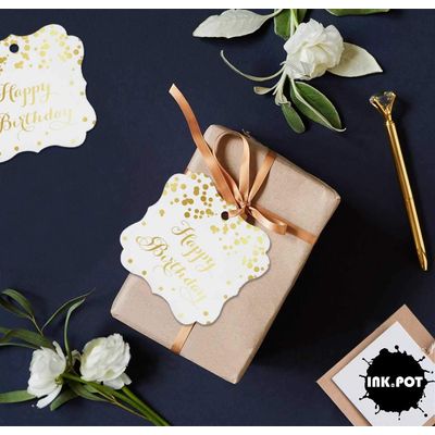 Etiquetas Pendentes em Formato de Chaves 'Feliz Aniversário' para Lembrancinhas Metalizadas para Presentes - Inkdotpot 100 Etiquetas Metalizadas / Branco - Dourado