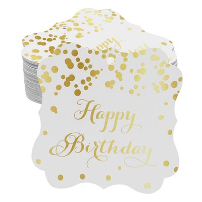 Etiquetas Pendentes em Formato de Chaves 'Feliz Aniversário' para Lembrancinhas Metalizadas para Presentes - Inkdotpot 100 Etiquetas Metalizadas / Branco - Dourado