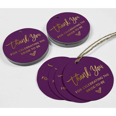 Etiquetas Pendentes de Papel Metalizado 'Obrigado por Celebrar a Futura Noiva' para Lembrancinhas de Chá de Panela - Inkdotpot 100 Etiquetas Metalizadas / Roxo - Dourado