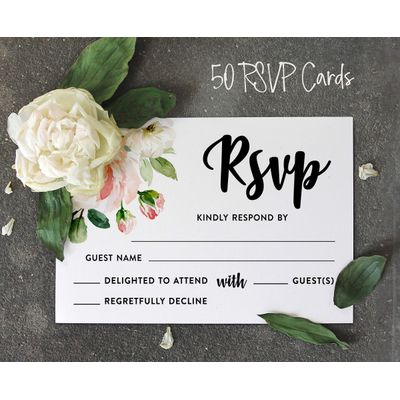 50 Cartões RSVP em Branco Floral com Envelopes Brancos 10 x 15 cm para Casamento, Chá de Panela, Chá de Bebê e Jantar de Ensaio - Inkdotpot 10,16 Cm × 15,24 Cm / Branco