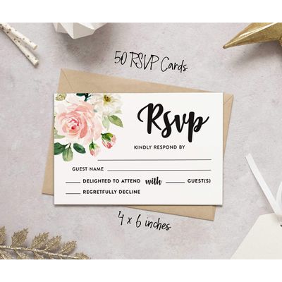 50 Cartões RSVP em Branco Floral com Envelopes Brancos 10 x 15 cm para Casamento, Chá de Panela, Chá de Bebê e Jantar de Ensaio - Inkdotpot 10,16 Cm × 15,24 Cm / Branco